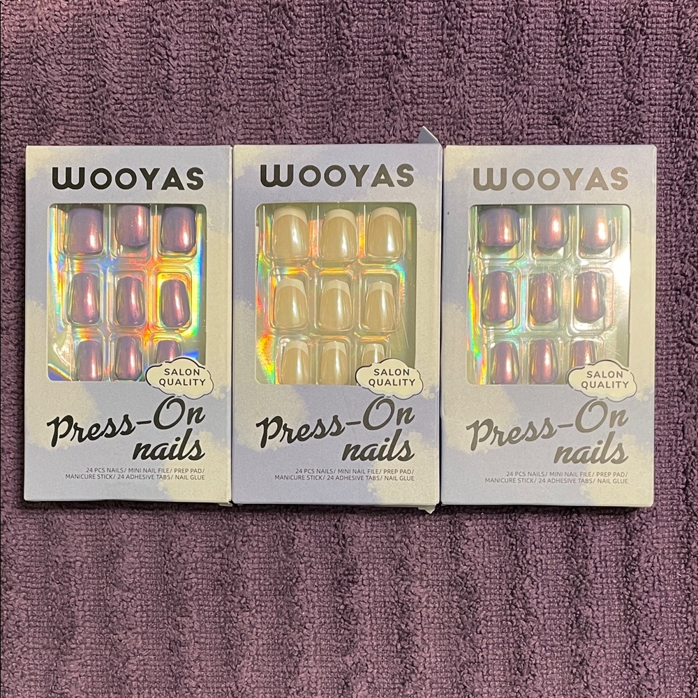 (3 pack bundle) WOOYAS Press-On Nails — Iridescent Pinkish/Purplish & Clear Set